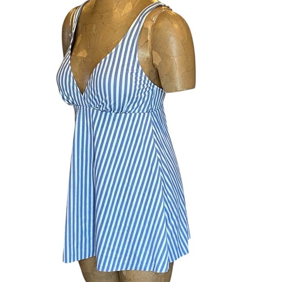 New Roatan Striped One-Piece Swim Dress Sz M Blue & White #96R - Picture 3 of 10
